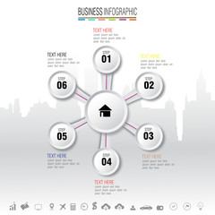 Infographics design template with icons set, city scape background,