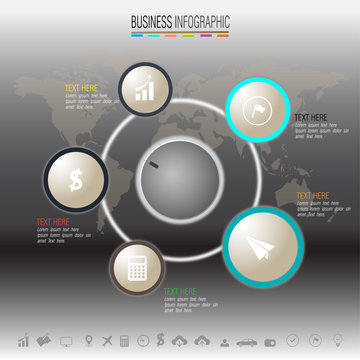 Infographics design template with icons set, world map background,