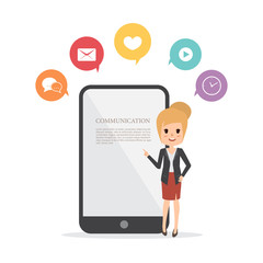 business woman presentation a mobile phone. communication infographic flat design.
