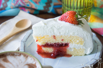 coffee cup and strawberry cake in coffee shop ,coffee relax time