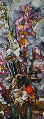 Oil painting still life with  irises flowers On  Canvas with  texture in in the grayscale