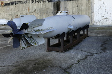 Details of German submarine torpedo used during World War II  exhibited at the previous German...