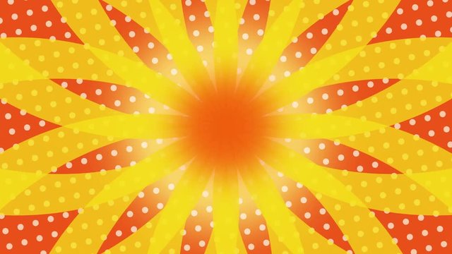 Yellow Twisted Sunburst rotating over orange background With white Dots Pattern seamless loop. colorful cartoon retro pinwheel, hypnotic swirl. yellow and red sunburst abstract background