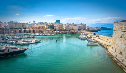 Fototapeta na wymiar View of Heraklion harbour from the old venetian fort Koule, Crete, Greece