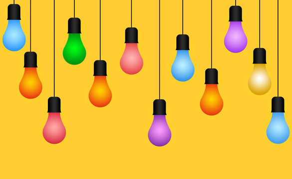 Colorful Illuminous Light Bulb, Bulb Hanging Through Wire Illustration