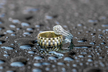 Two wedding rings placed on the ground 