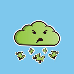 Cloud emoticon sick with frog rain. Cute vector emoji. Editable stickers in eps10