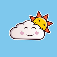 Cloud emoticon smiling with the sun. Cute vector emoji. Editable stickers in eps10