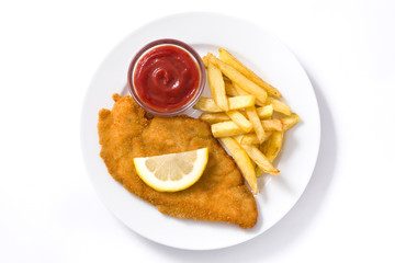 Weiner schnitzel with fried potatoes isolated on white background
