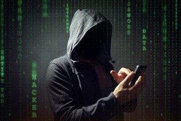 Computer hacker with mobile phone - obrazy, fototapety, plakaty