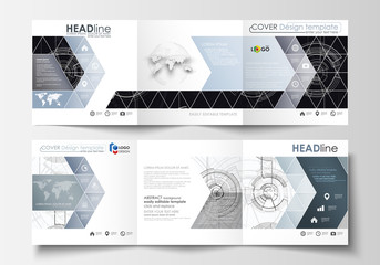 Business templates for square tri fold brochures. Leaflet cover, flat layout, easy editable vector. High tech design, connecting system. Science and technology concept. Futuristic abstract background.