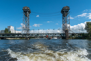 Kaliningrad, View from the river Pregol on a two-tiered Bridge