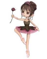 Cute toon ballerina wearing a classical ballet tutu and tiara and holding a beautiful pink rose © Algol