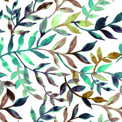 Elegant seamless pattern leaves and branch. Watercolor texture twigs for the jar tube box. Botanical print for packing, scrapbooking, wrapping paper textile, home decor, skin smartphone surface design