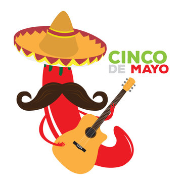 Isolated pepper with a traditional hat and a guitar, Cinco de mayo vector illustration