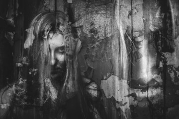 double exposure of ghost girl in abandoned building