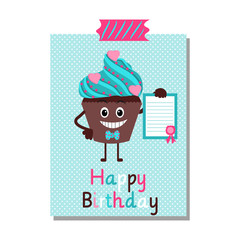 Cute and funny cupcake. Congratulations on the birthday. Postcard, sticker, template. Cartoon. Vector.
