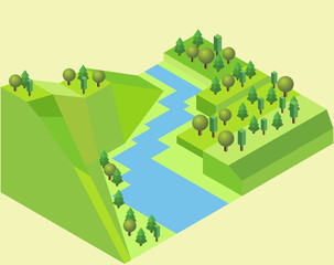 Isometric river land with a river feature grass, trees, river and ground - 139975907