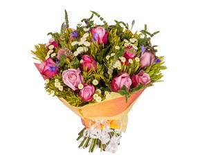 Bouquet of flowers top view on white background