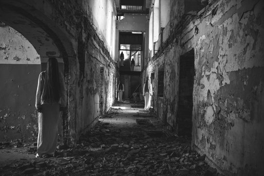multiple ghost girl in an abandoned building