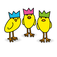 Three Staring Yellow Chicks in Party Hats