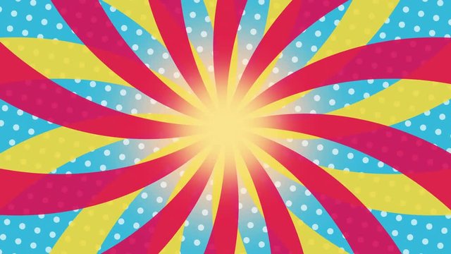 Red, Yellow And blue Kaleidoscopic Abstract Pattern background loop for your logo or text. animated background of rotating beams colorful cartoon retro pinwheel, hypnotic swirl, vintage sunburst