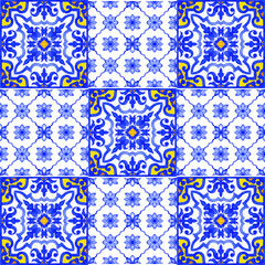 Portuguese azulejo tiles. Blue and white gorgeous seamless patterns. For scrapbooking, wallpaper, cases for smartphones, web background, print, surface texture, pillows, towels, linens bags T-shirts