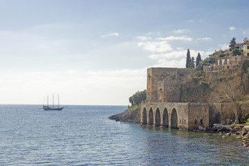 Ship, sea, fortress. Alanya, Turkey