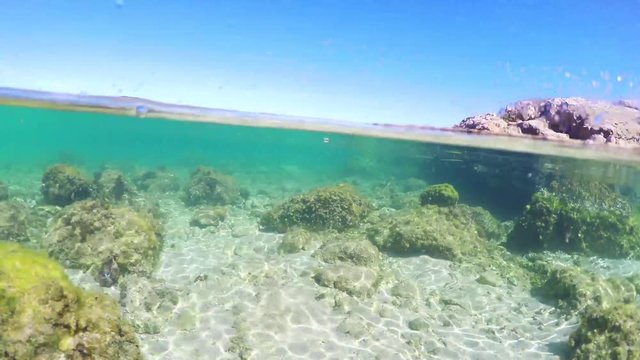 Split underwater view of Alghero shore in Sardinia