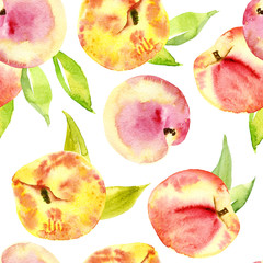 Seamless watercolor of peaches. The fruits, branches and leaves. Suitable for design food packaging, soap, cosmetics, fashion fabrics, scrapbooking, wrapping paper, wallpaper, home textiles