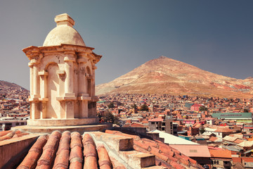 View panoramic of silver mines in Cerro Rico mountain from San Francisco church in Potosi, Bolivia - obrazy, fototapety, plakaty