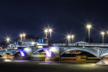Blagoveshchensky bridge (drawbridge) in Saint-Petersburg, Russia in winter at night. Bridge to Vasilevskiy island. Former Schmidt bridge.