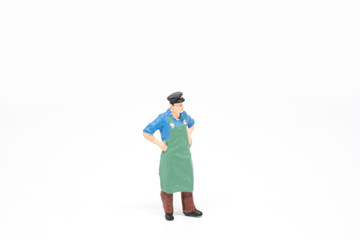 Miniature people delivery men concept on white background with a space for text