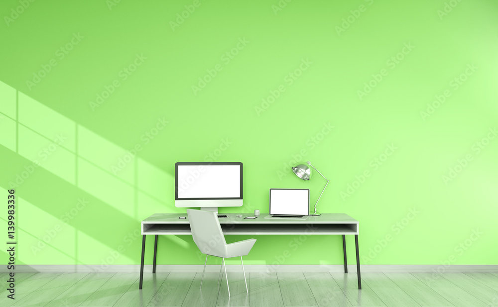 Poster modern green desktop interior with devices 3d rendering