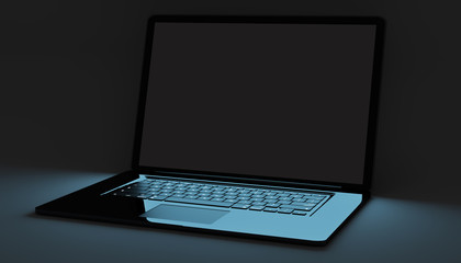 Modern black laptop on black background 3D rendering
