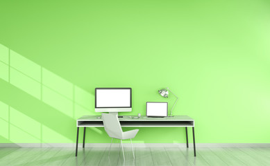 Modern green desktop interior with devices 3D rendering