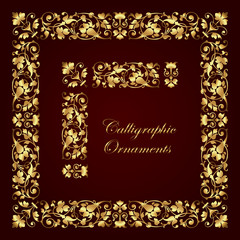 Fototapeta na wymiar Golden decorative calligraphic ornaments, corners, borders and frames for page decoration and design