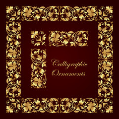 Golden decorative calligraphic ornaments, corners, borders and frames for page decoration and design
