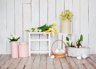 Vintage easter decoration with eggs and tulip flowers