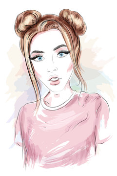 Beautiful young girl with stylish hairstyle. Sketch. Vector illustration. 