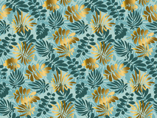 Naklejka na ściany i meble Abstract tropical leaves seamless pattern in emerald green color. Decorative summer nature surface design. vector illustration for print, card, poster, decor, header, .