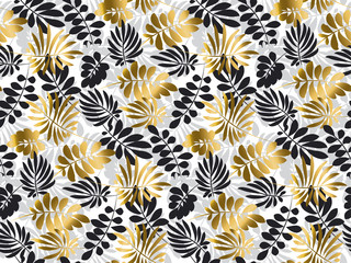 Naklejka na ściany i meble Black and gold luxury tropical leaves seamless pattern. Decorative summer nature surface design. vector illustration for print, card, poster, decor, header,
