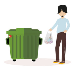 The guy throws the waste package into the garbage can. Flat character isolated on white background. Vector, illustration EPS10.