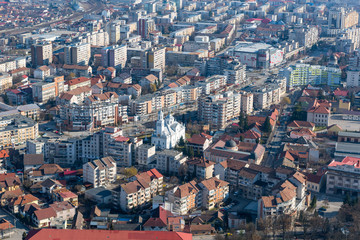 Deva, Romania , March 4, 2017 aerial panoramic view of the city Deva from Romania