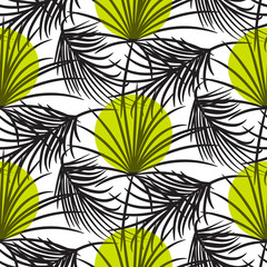 Gray palm leaves with green dots seamless vector pattern on white background. Tropical jungle nature leaf.