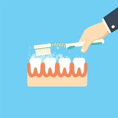 Brushing Teeth. Toothbrush hold in hand man. Dental care concept.