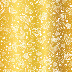Vector Golden White Doodle Hearts Seamless Pattern Design Perfect for Valentine s Day cards, fabric, scrapbooking, wallpaper.