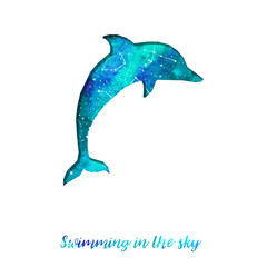 Silhouette of dolphin cut out of paper. Starry sky with different constellations. Hand draw watercolor. Card. Swimming in the sky