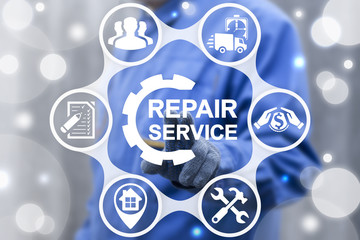 Business repair service home. Repairs house company concept. Repairer touched repair initiation...