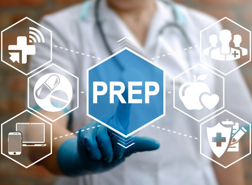 Pre-Exposure Prophylaxis prevent HIV medicine concept. Pharmacy pill research. Doctor touched PREP word icon on virtual medical screen. Medicament prescription web treatment. Health care science